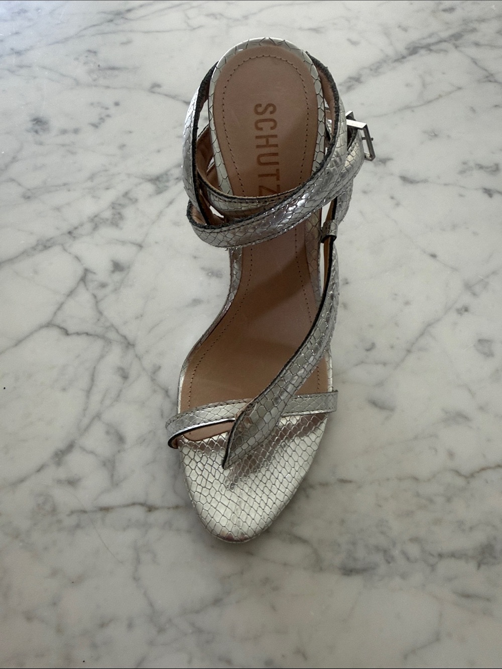 SCHUTZ Silver Snake-Embossed Strappy Heels